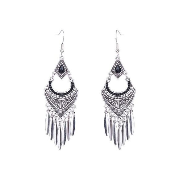Silver Ethnic Feather Aztec Style Geometric Tassel Alloy Drop Earrings Boho - Picture 3 of 5